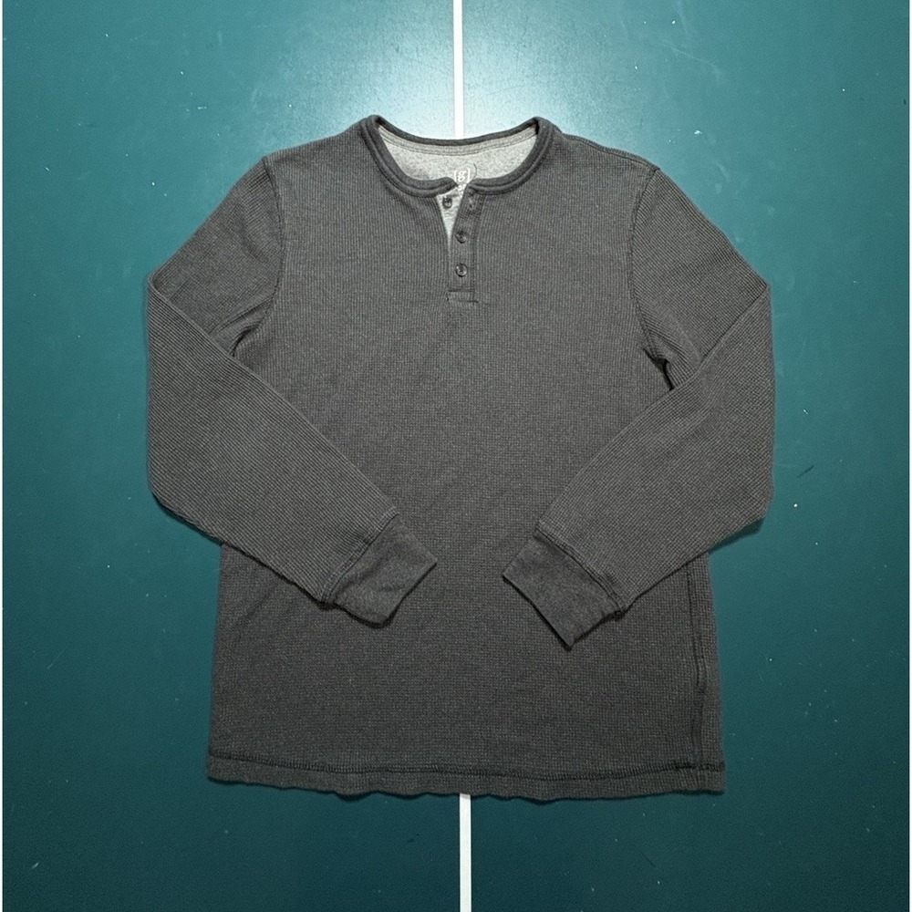 Thermal henley long sleeve Shirt Mens Medium Dark Gray Waffle Knit Preppy Skater